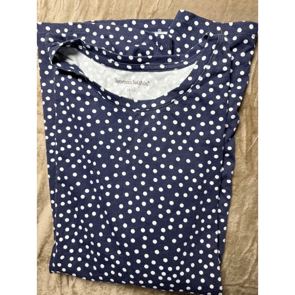 Woman Within Navy Blue White Polka Dot 3/4 Sleeve Knit Top Shirt Womens 18/20 L